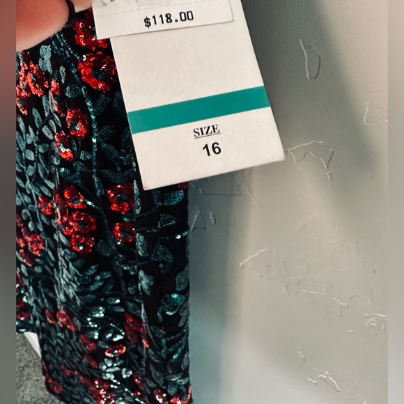 Leslie Fay Sequin Dress Floral Black Red Roses Sleeveless SZ 16 NWT - Picture 11 of 16